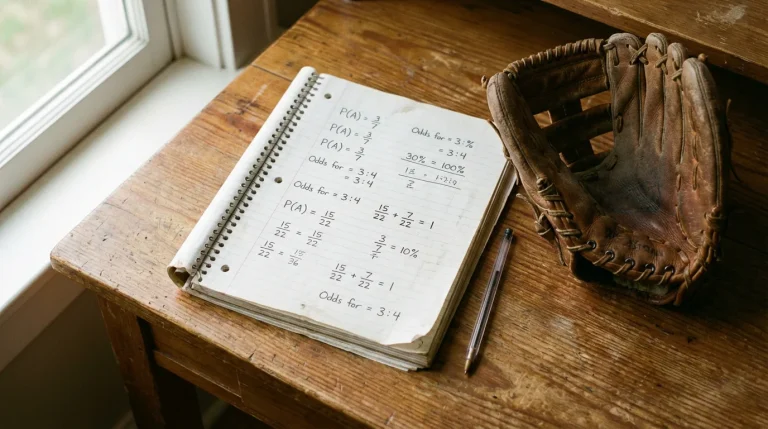 Notebook with handwritten odds calculations next to a baseball glove on a wooden desk