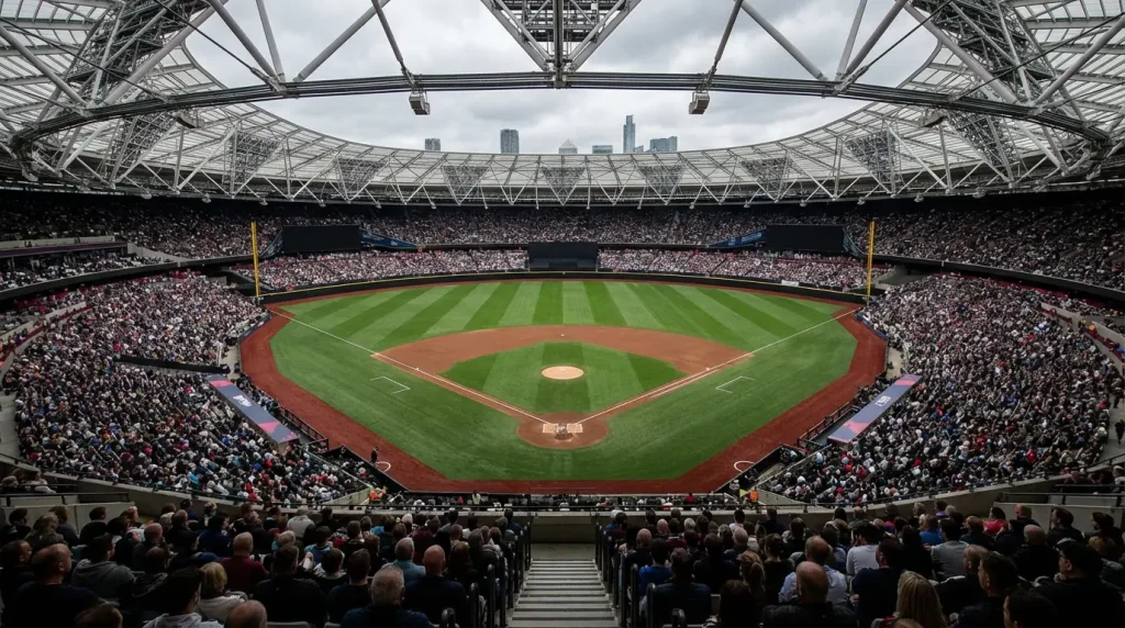 Baseball betting in the UK with a view of London Stadium set up for an MLB game