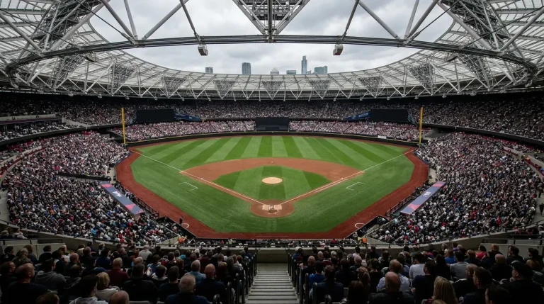 Baseball betting in the UK with a view of London Stadium set up for an MLB game