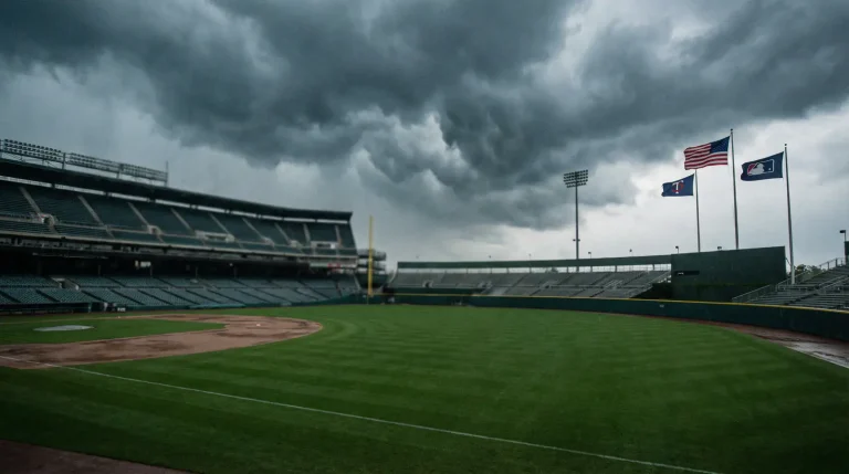 Baseball field with visible wind blowing across the outfield on a cloudy game day