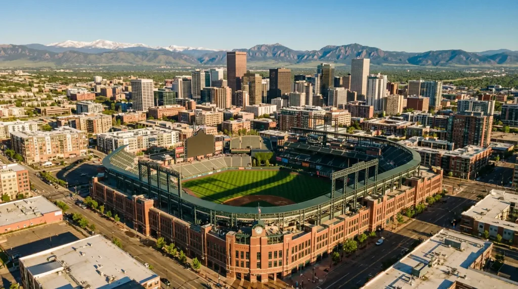 Coors Field baseball stadium in Denver with the Rocky Mountains visible in the background