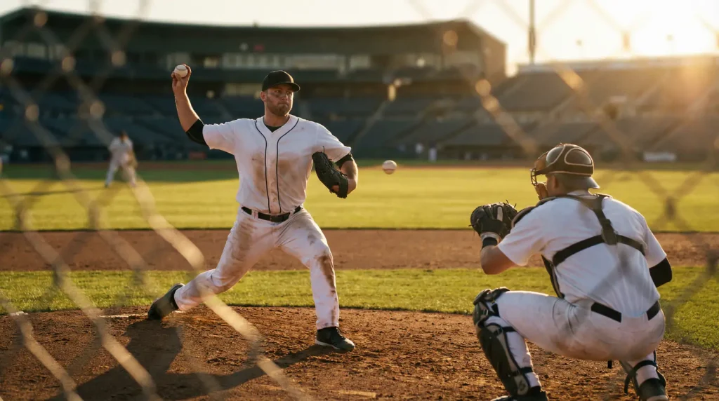 Relief pitcher warming up in the bullpen while the starting pitcher walks off the MLB field