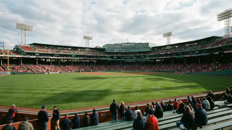 MLB ballpark in early April with spring weather and a fresh green diamond