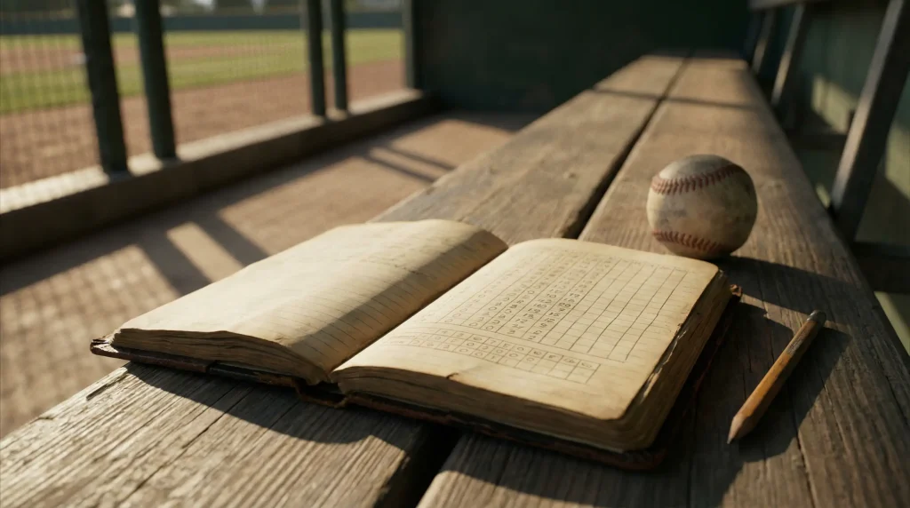 MLB bankroll management strategy with a baseball and notebook on a dugout bench