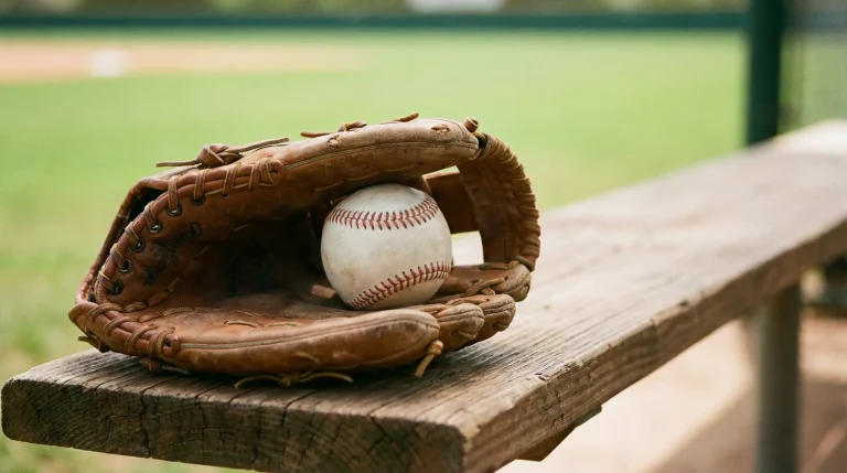 Baseball glove and ball resting on a dugout bench before an MLB game
