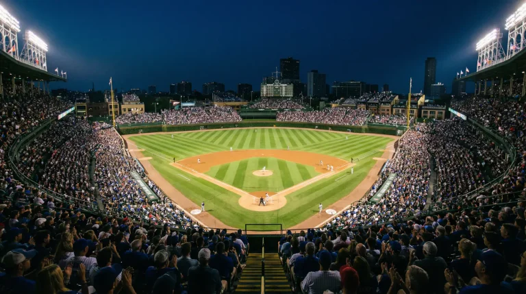 Panoramic view of a packed MLB baseball stadium during a night game