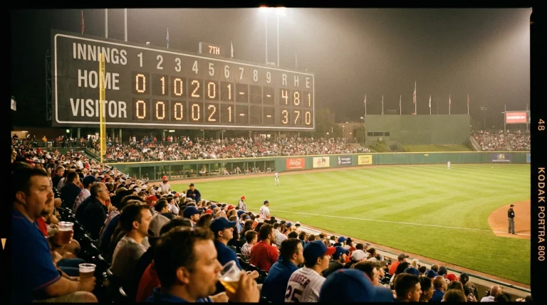 Baseball stadium scoreboard displaying game scores and innings during an MLB match