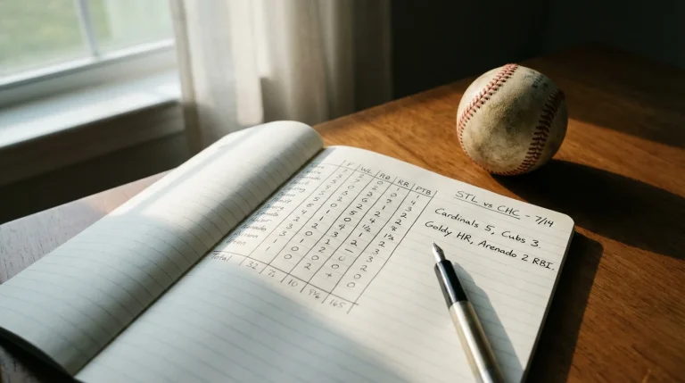 Notebook and pen beside a baseball glove representing disciplined MLB bet record tracking