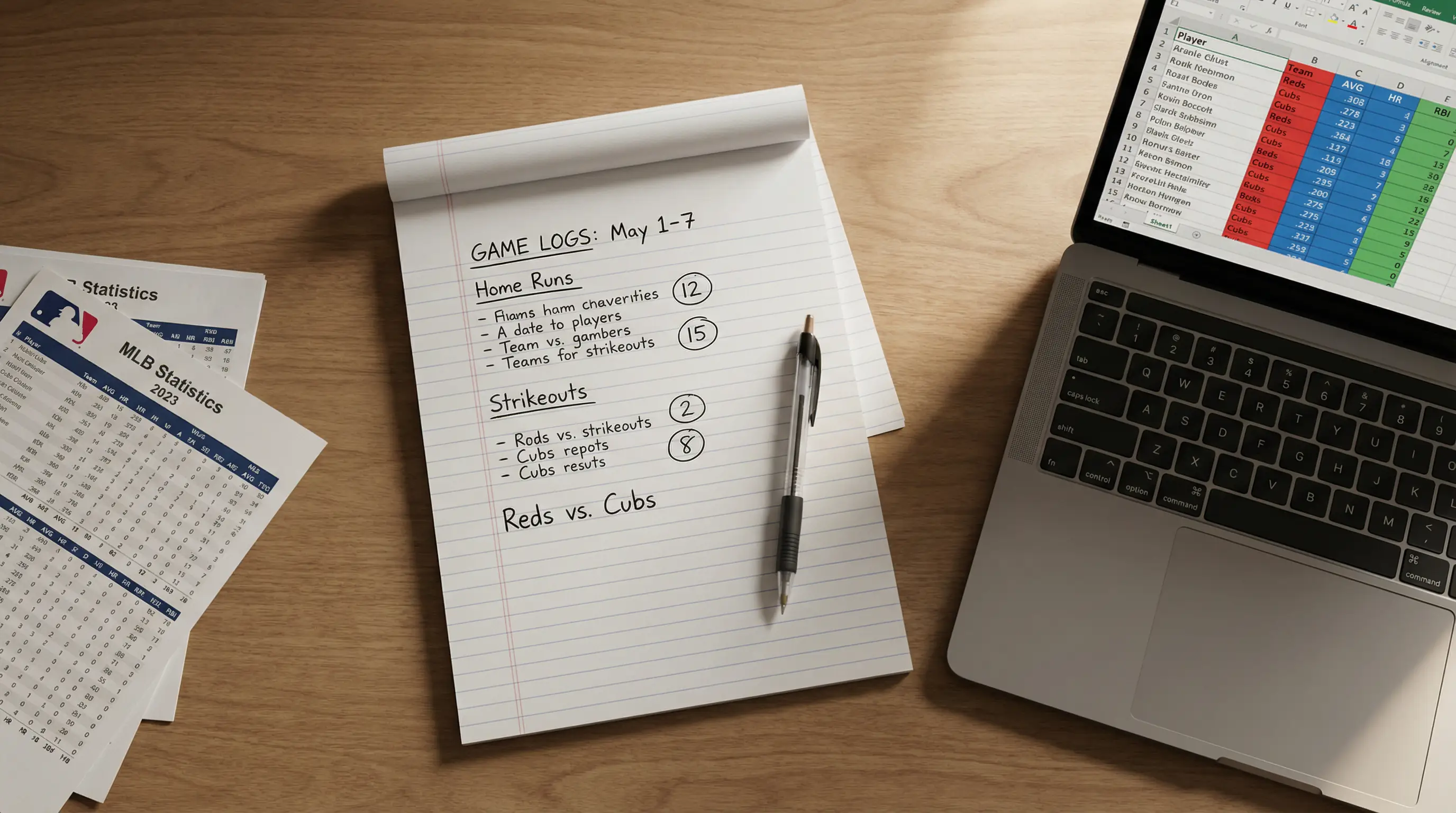 Notebook with handwritten baseball betting notes next to a laptop displaying MLB game statistics