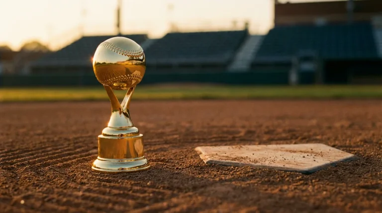 Golden championship trophy on a baseball diamond infield with stadium seats in the background