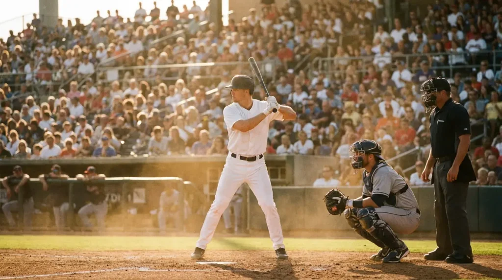 Baseball batter at home plate in a home team uniform preparing to swing during an MLB game