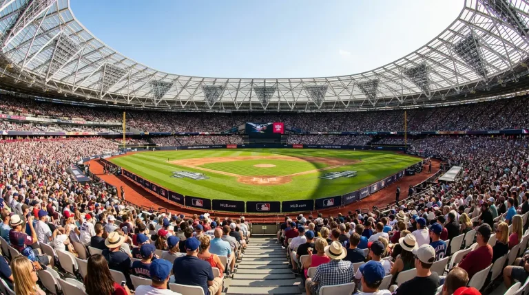 London Stadium configured for MLB London Series baseball game with fans in the stands