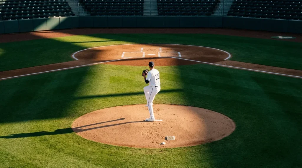 MLB starting pitcher warming up on the mound before the first inning with empty bases behind him