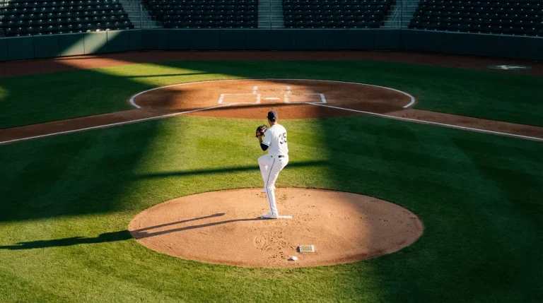 MLB starting pitcher warming up on the mound before the first inning with empty bases behind him