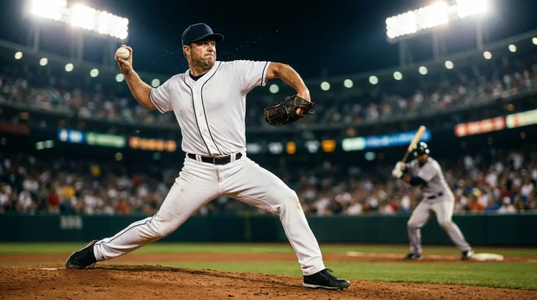 MLB pitcher mid-delivery on the mound under stadium lights with batter waiting at home plate