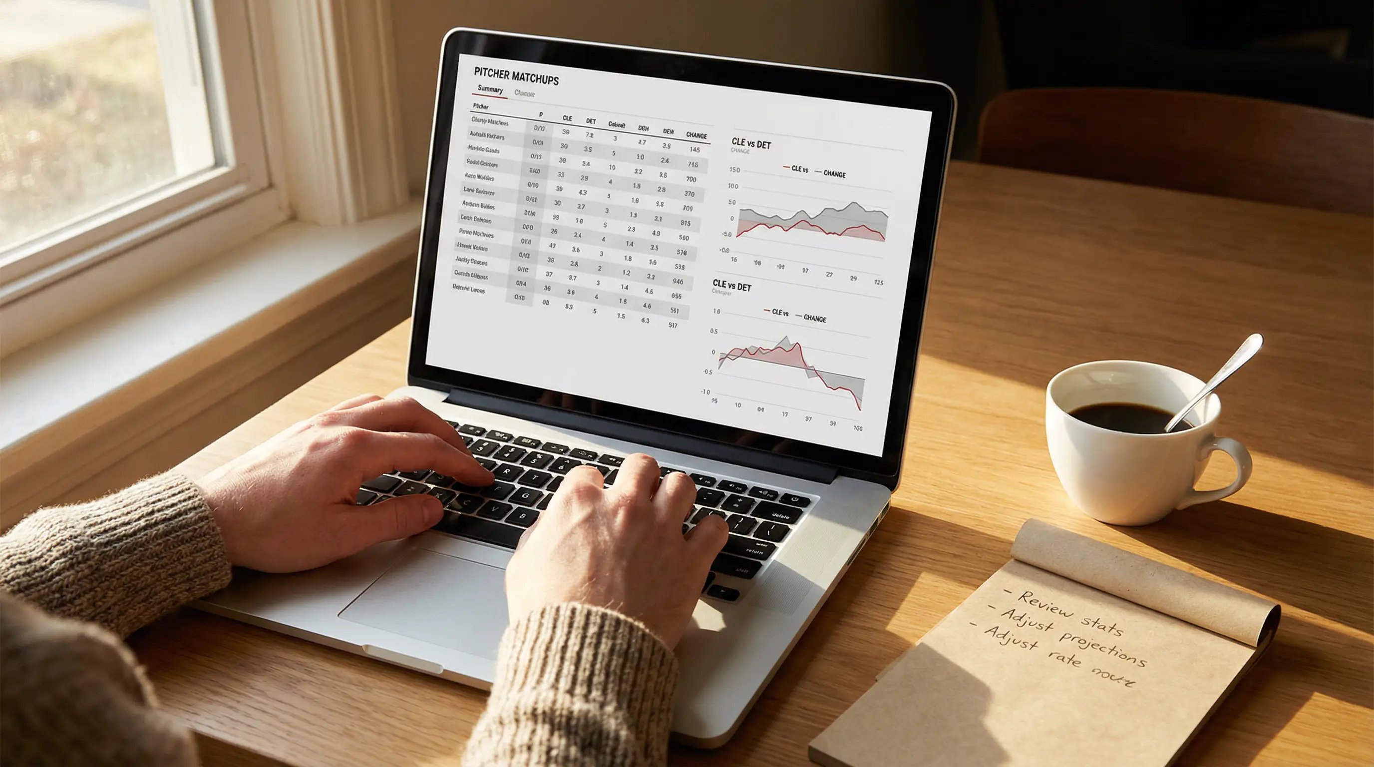 Person reviewing MLB pitcher matchup data on a laptop screen with a coffee cup and notepad on the desk