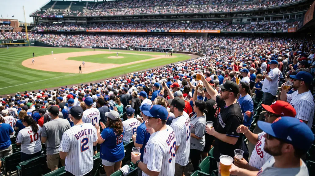 Crowded baseball stadium with fans watching an MLB game from the upper deck