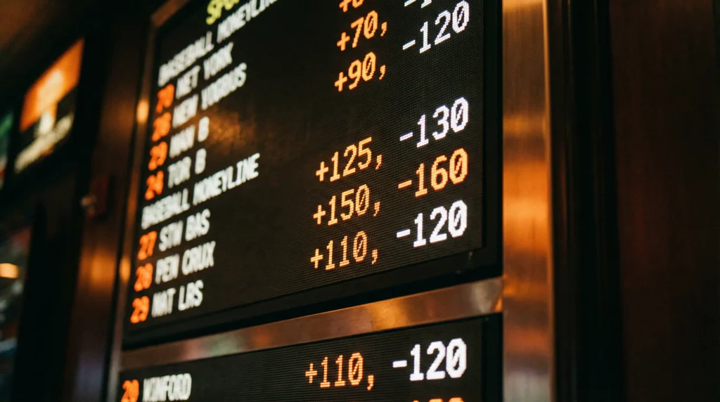 Close-up of a sportsbook odds board displaying MLB moneyline numbers
