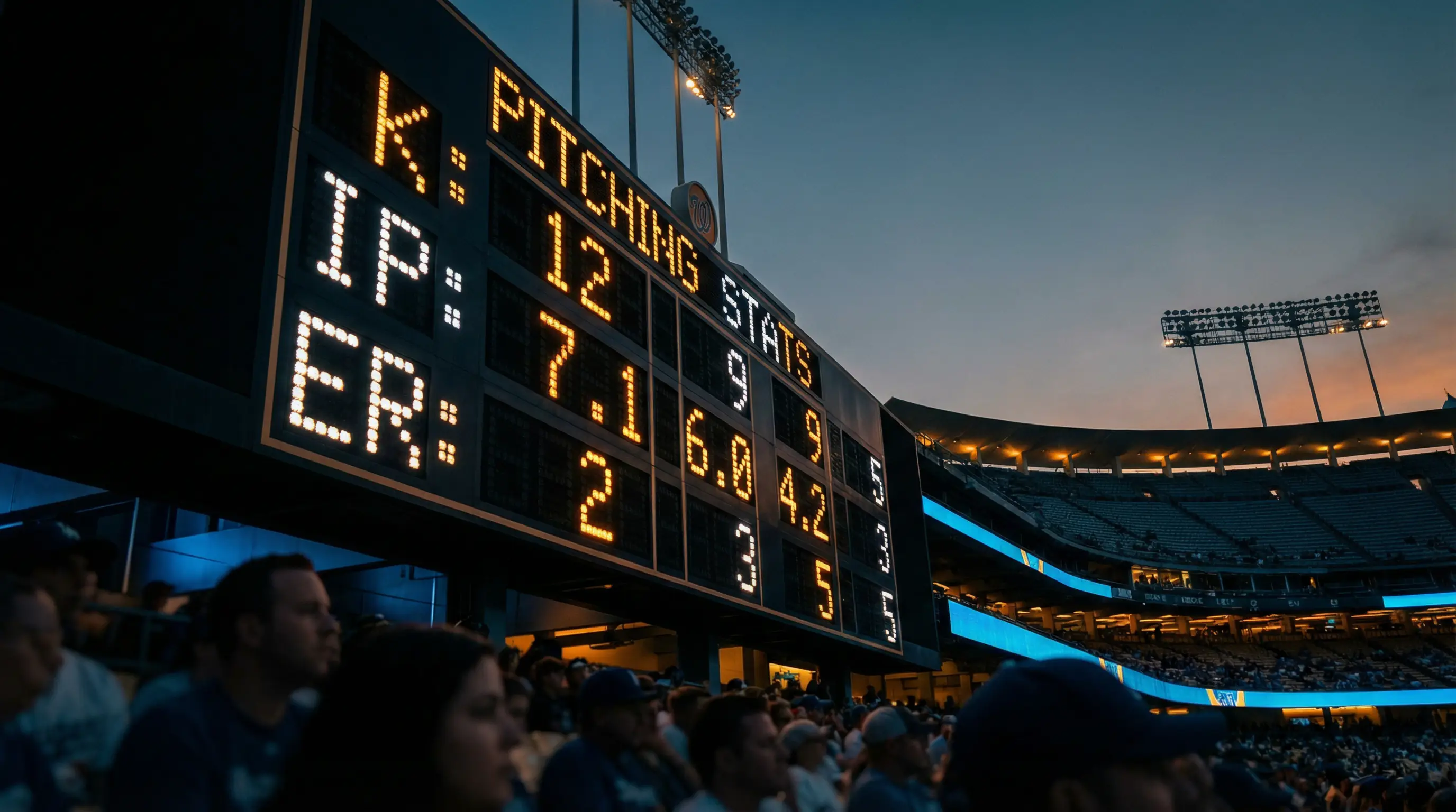 Baseball scoreboard showing advanced pitching statistics including strikeouts and earned runs during a live game