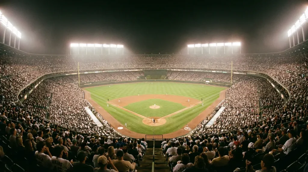 Wide-angle view of a packed MLB stadium during a night game with the field fully lit