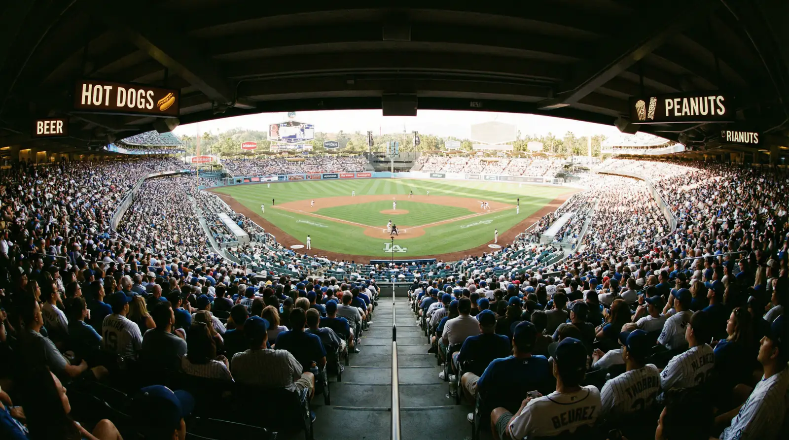 Major league baseball stadium with a full crowd during a regular season game viewed from the upper deck