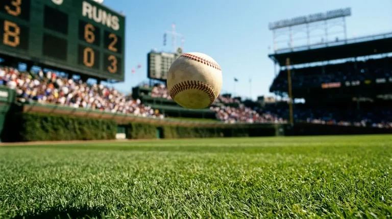Baseball flying through the air above a sunlit MLB outfield with scoreboard in the background