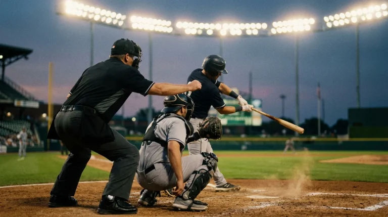 MLB home plate umpire crouched behind the catcher calling a pitch during a game