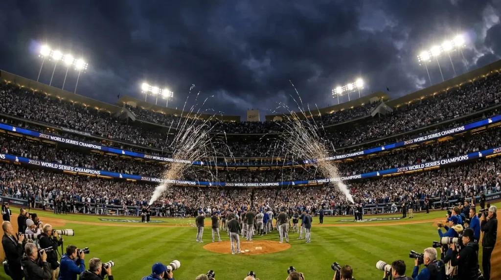 MLB World Series postseason atmosphere with packed stadium and fall evening sky