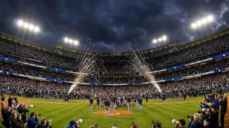 MLB World Series postseason atmosphere with packed stadium and fall evening sky