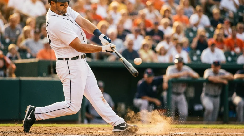 Baseball batter mid-swing at home plate illustrating offensive metrics wOBA and WAR